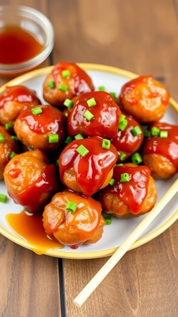 Plate of honey garlic pork meatballs garnished with green onions, with a bowl of sauce and chopsticks.